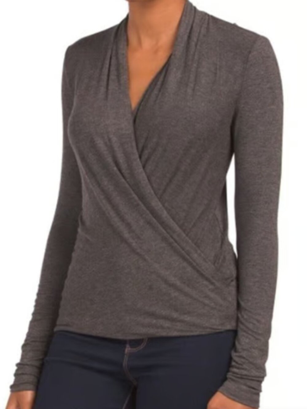 CAbI Heather Grey Faux Wrap Drape Neck Long Sleeve Top Medium